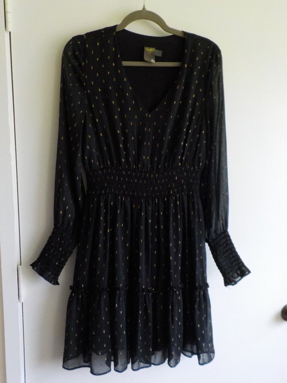 Taylor Dress - Size 10 - Black Gold Smocking Long Sleeve Sheer Overlay (2593)